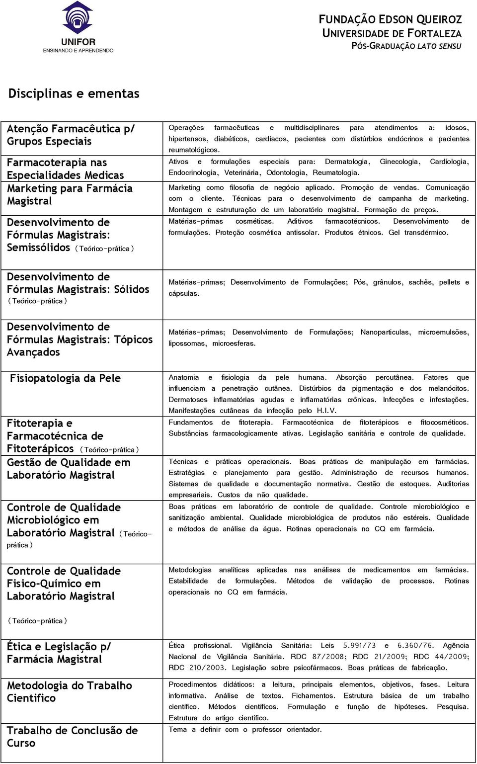 Fitoterápicos (Teórico-prática) Gestão de Qualidade em Laboratório Magistral Controle de Qualidade Microbiológico em Laboratório Magistral (Teóricoprática) Controle de Qualidade Fisico-Químico em