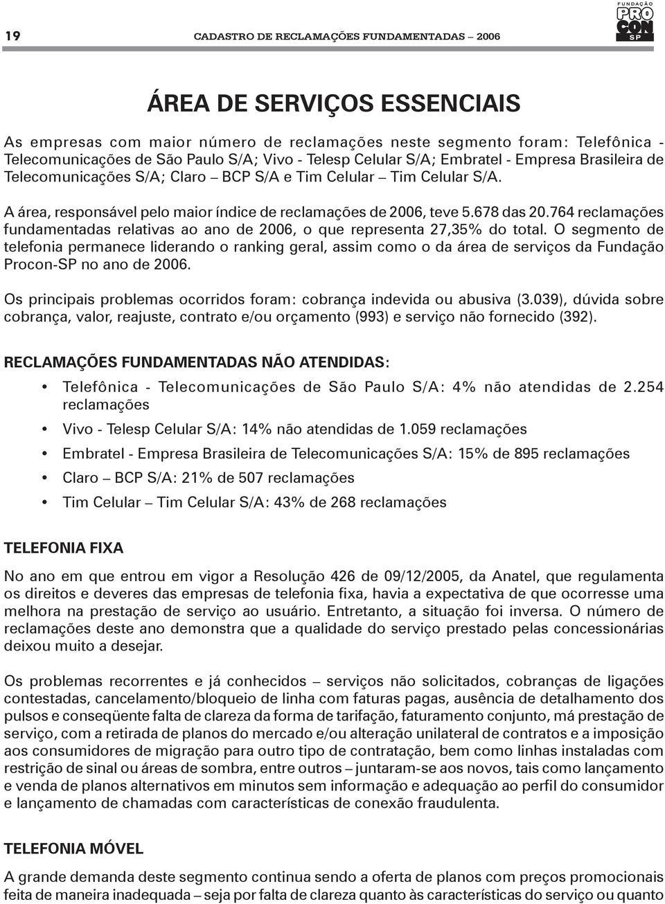 764 reclamações fundamentadas relativas ao ano de 2006, o que representa 27,35% do total.