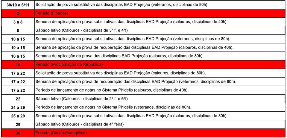 e 4ªf) Semana de aplicação da prova substitutivas das disciplinas EAD Projeção (veteranos, disciplinas de 80h).