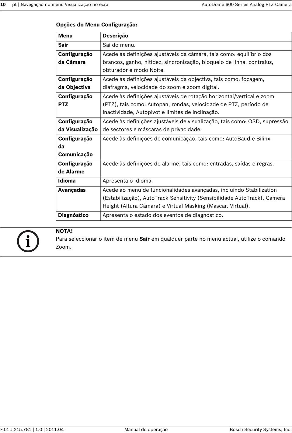 Acede às definições ajustáveis da câmara, tais como: equilíbrio dos brancos, ganho, nitidez, sincronização, bloqueio de linha, contraluz, obturador e modo Noite.