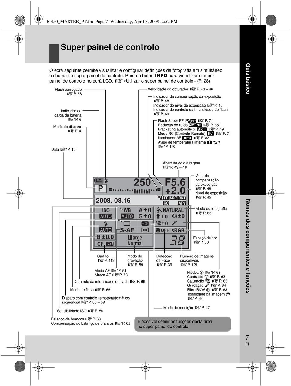 Prima o botão INFO para visualizar o super painel de controlo no ecrã LCD. g«utilizar o super painel de controlo» (P. 28) Flash carregado gp. 68 Indicador da carga da bateria gp. 6 Modo de disparo gp.