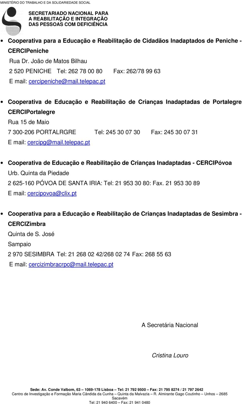 telepac.pt Cooperativa de Educação e Reabilitação de Crianças Inadaptadas - CERCIPóvoa Urb. Quinta da Piedade 2 625-160 PÓVOA DE SANTA IRIA: Tel: 21 953 30 80: Fax.