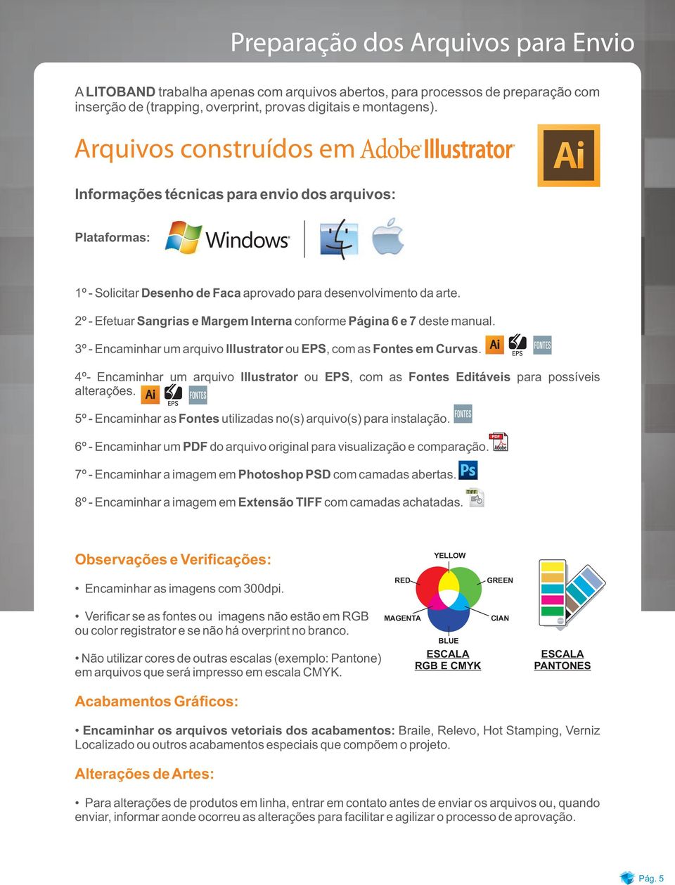 2º - Efetuar Sangrias e Margem Interna conforme Página 6 e 7 deste manual. 3º - Encaminhar um arquivo lllustrator ou EPS, com as Fontes em Curvas.