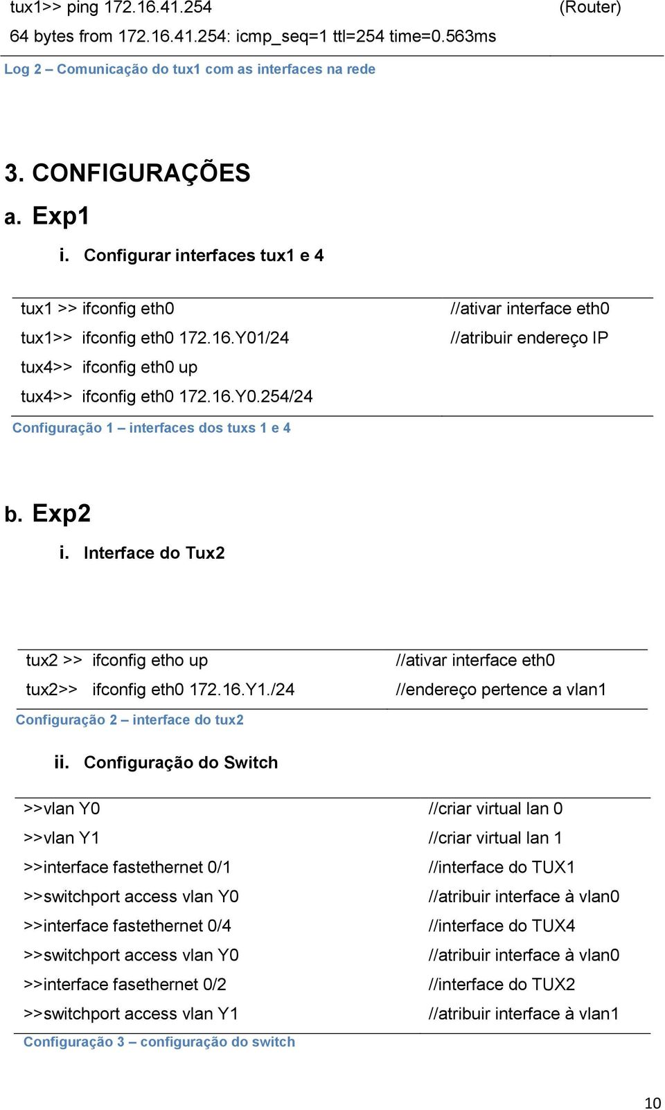 Exp2 i. Interface do Tux2 tux2 >> ifconfig etho up tux2>> ifconfig eth0 172.16.Y1./24 //ativar interface eth0 //endereço pertence a vlan1 Configuração 2 interface do tux2 ii.