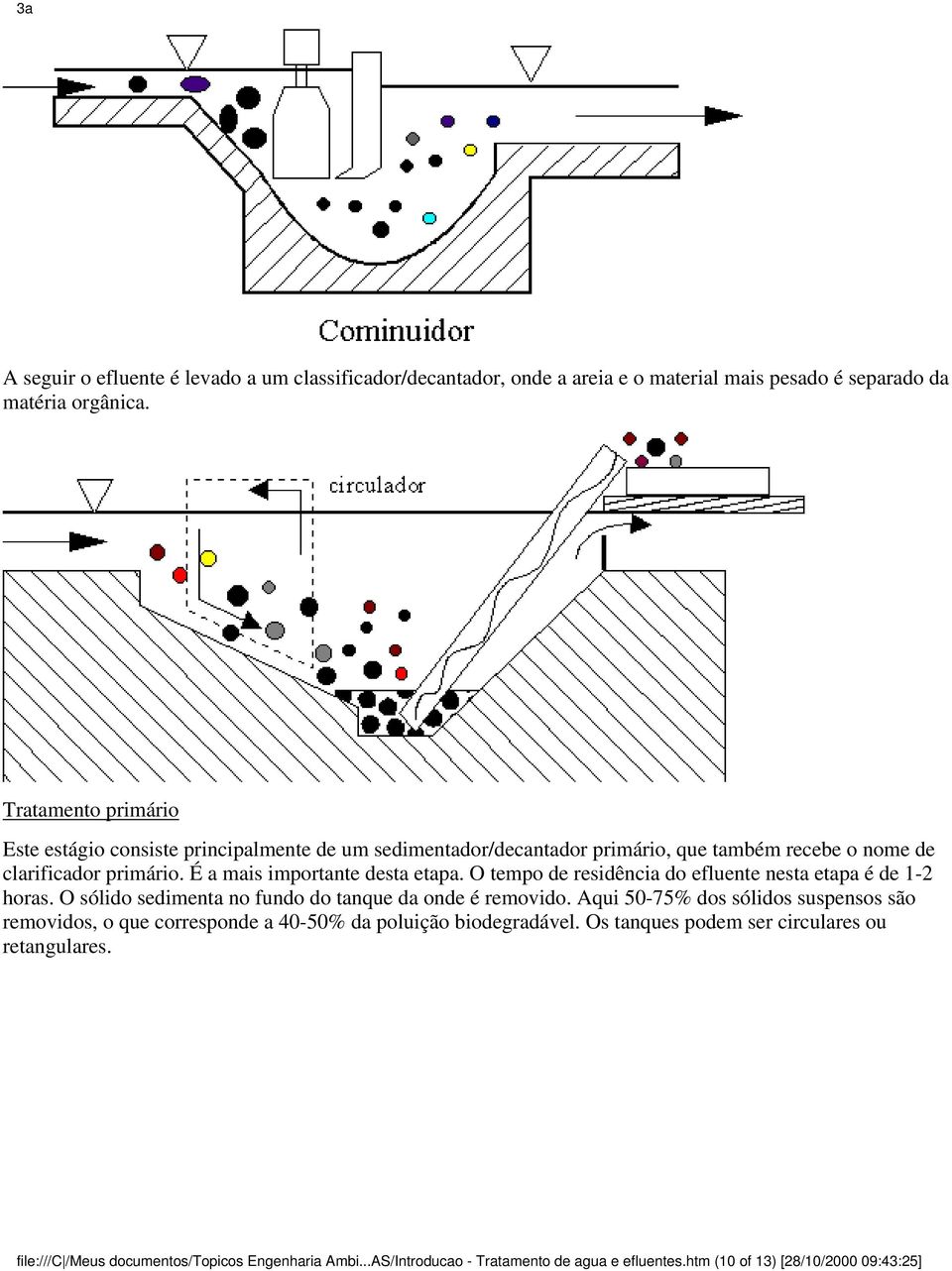 O tempo de residência do efluente nesta etapa é de 1-2 horas. O sólido sedimenta no fundo do tanque da onde é removido.