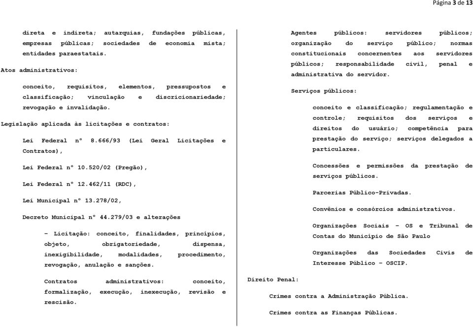 Legislação aplicada às licitações e contratos: Lei Federal nº 8.666/93 (Lei Geral Licitações e Contratos), Lei Federal nº 10.520/02 (Pregão), Lei Federal nº 12.462/11 (RDC), Lei Municipal nº 13.