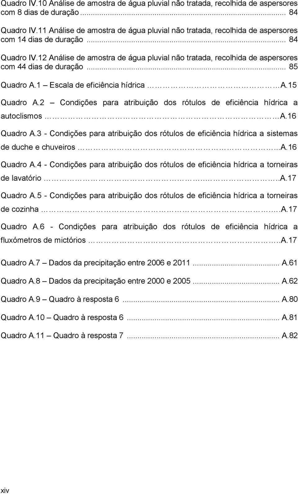 12 Análise de amostra de água pluvial não tratada, recolhida de aspersores com 44 dias de duração... 85 Quadro A.1 Escala de eficiência hídrica A.15 Quadro A.