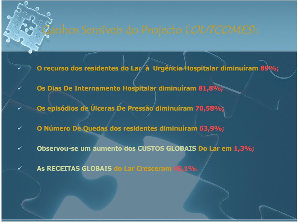 Úlceras De Pressão diminuíram 70,58%; O Número De Quedas dos residentes diminuíram 63,9%;