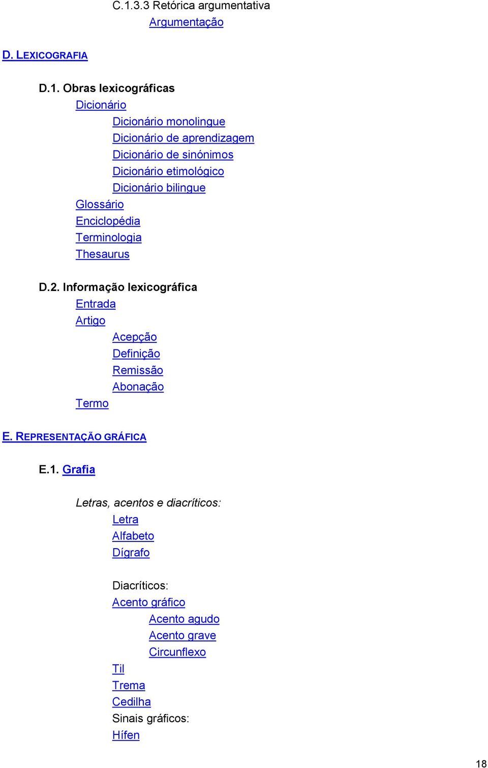 Informação lexicográfica Entrada Artigo Acepção Definição Remissão Abonação Termo E. REPRESENTAÇÃO GRÁFICA E.1.