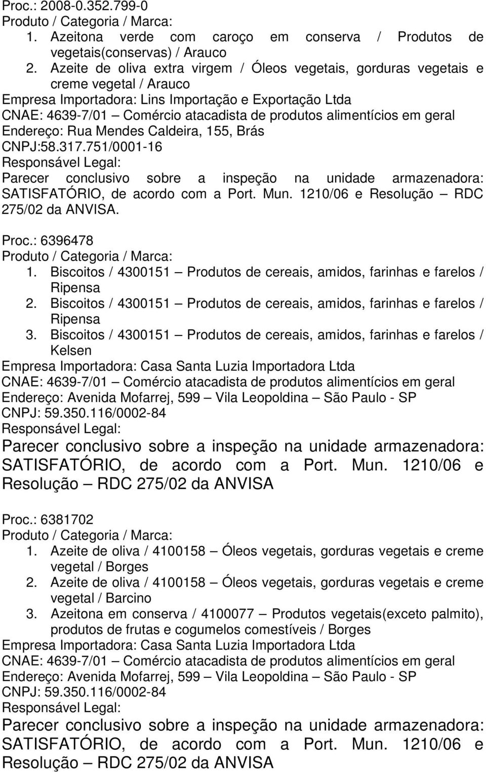 alimentícios em geral Endereço: Rua Mendes Caldeira, 155, Brás CNPJ:58.317.751/0001-16 275/02 da ANVISA. Proc.: 6396478 1.