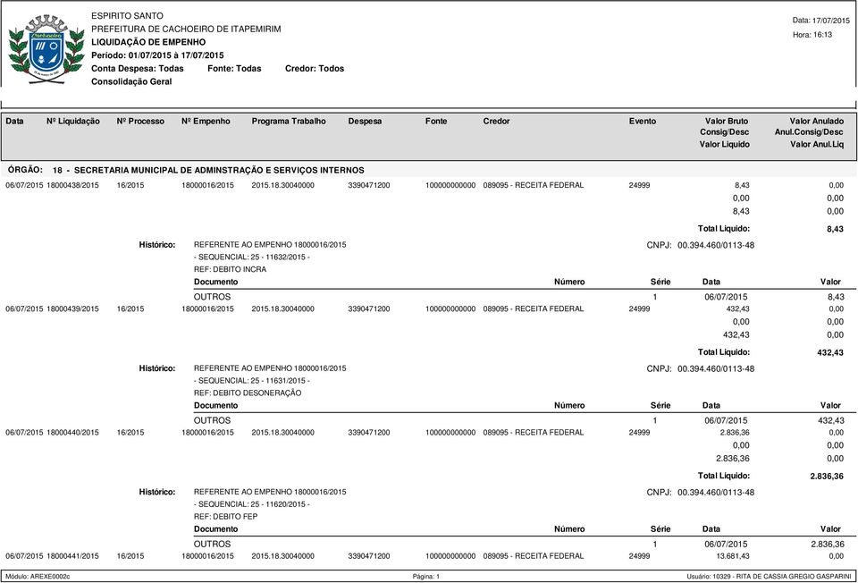 2015.18.30040000 3390471200 100000000000 089095 - RECEITA FEDERAL 2.836,36 2.836,36 - SEQUENCIAL: 25-11620/2015 - REF: DEBITO FEP Total Liquido: 2.836,36 2.836,36 18000441/2015 16/2015 18000016/2015 2015.