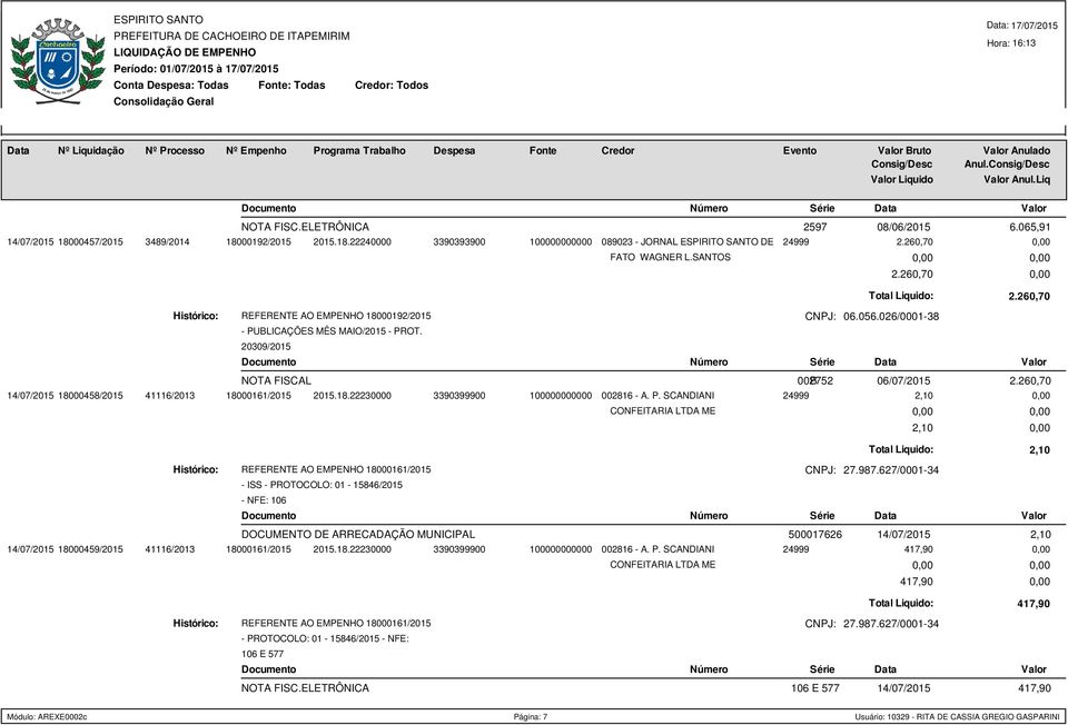 260,70 14/07/2015 18000458/2015 41116/2013 18000161/2015 2015.18.22230000 3390399900 100000000000 002816 - A. P. SCANDIANI 2,10 CONFEITARIA LTDA ME REFERENTE AO EMPENHO 18000161/2015 CNPJ: 27.987.