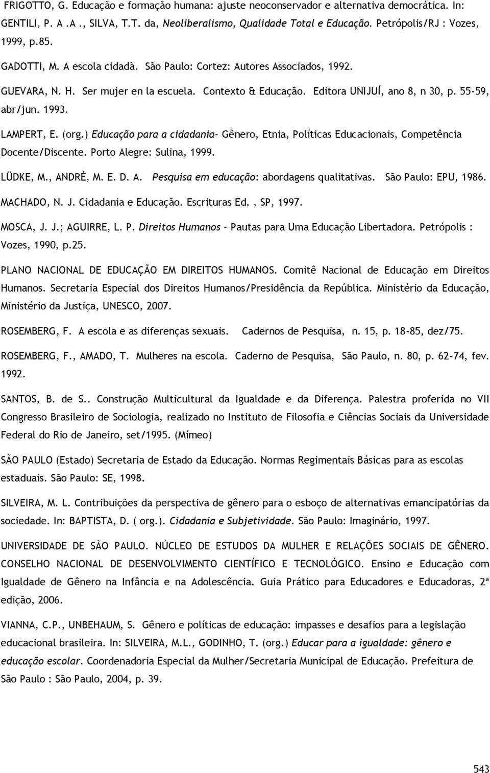 Editora UNIJUÍ, ano 8, n 30, p. 55-59, abr/jun. 1993. LAMPERT, E. (org.) Educação para a cidadania- Gênero, Etnia, Políticas Educacionais, Competência Docente/Discente. Porto Alegre: Sulina, 1999.