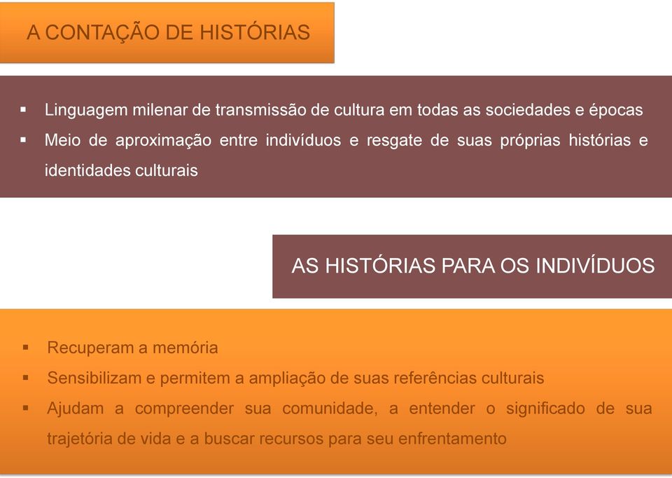 INDIVÍDUOS Recuperam a memória Sensibilizam e permitem a ampliação de suas referências culturais Ajudam a