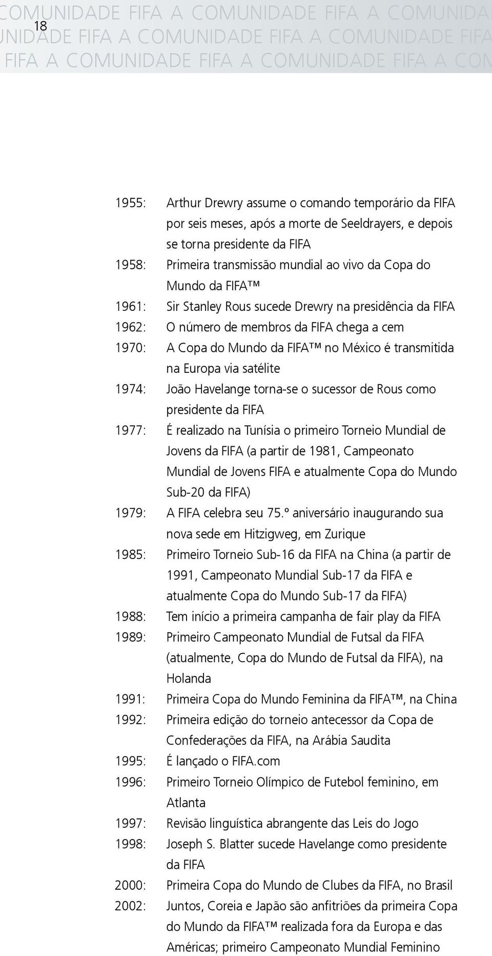 presidência da FIFA 1962: O número de membros da FIFA chega a cem 1970: A Copa do Mundo da FIFA no México é transmitida na Europa via satélite 1974: João Havelange torna-se o sucessor de Rous como