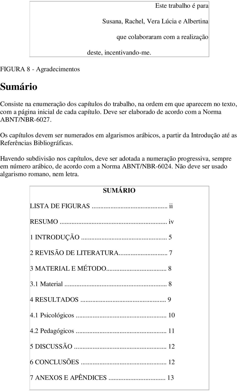 Deve ser elaborado de acordo com a Norma ABNT/NBR-6027. Os capítulos devem ser numerados em algarismos arábicos, a partir da Introdução até as Referências Bibliográficas.