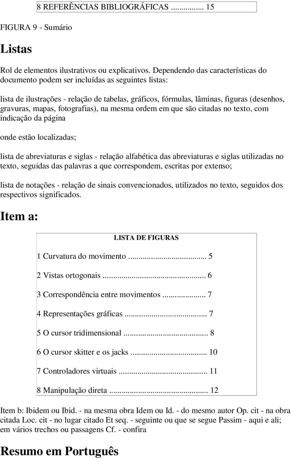 fotografias), na mesma ordem em que são citadas no texto, com indicação da página onde estão localizadas; lista de abreviaturas e siglas - relação alfabética das abreviaturas e siglas utilizadas no