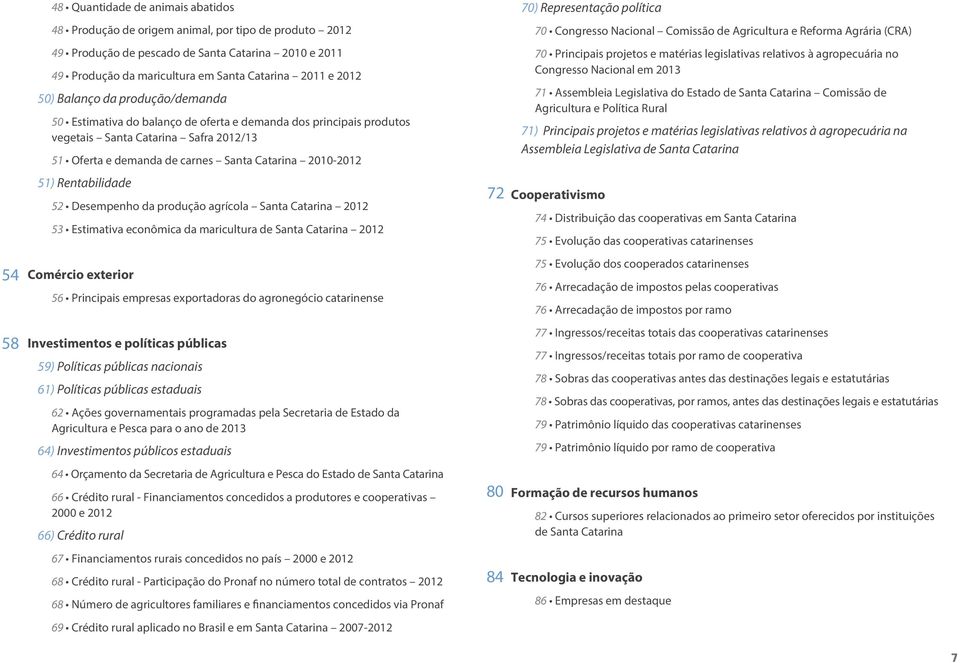 51) Rentabilidade 52 Desempenho da produção agrícola Santa Catarina 2012 53 Estimativa econômica da maricultura de Santa Catarina 2012 Comércio exterior 56 Principais empresas exportadoras do