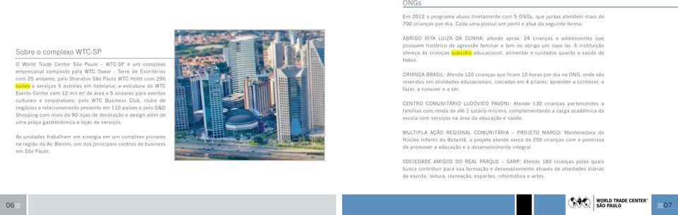 andares; pelo Sheraton São Paulo WTC Hotel com 296 suites e serviços 5 estrelas em hotelaria; a estrutura do WTC Events Center com 12 mil m² de área e 5 andares para eventos culturais e corporativos;