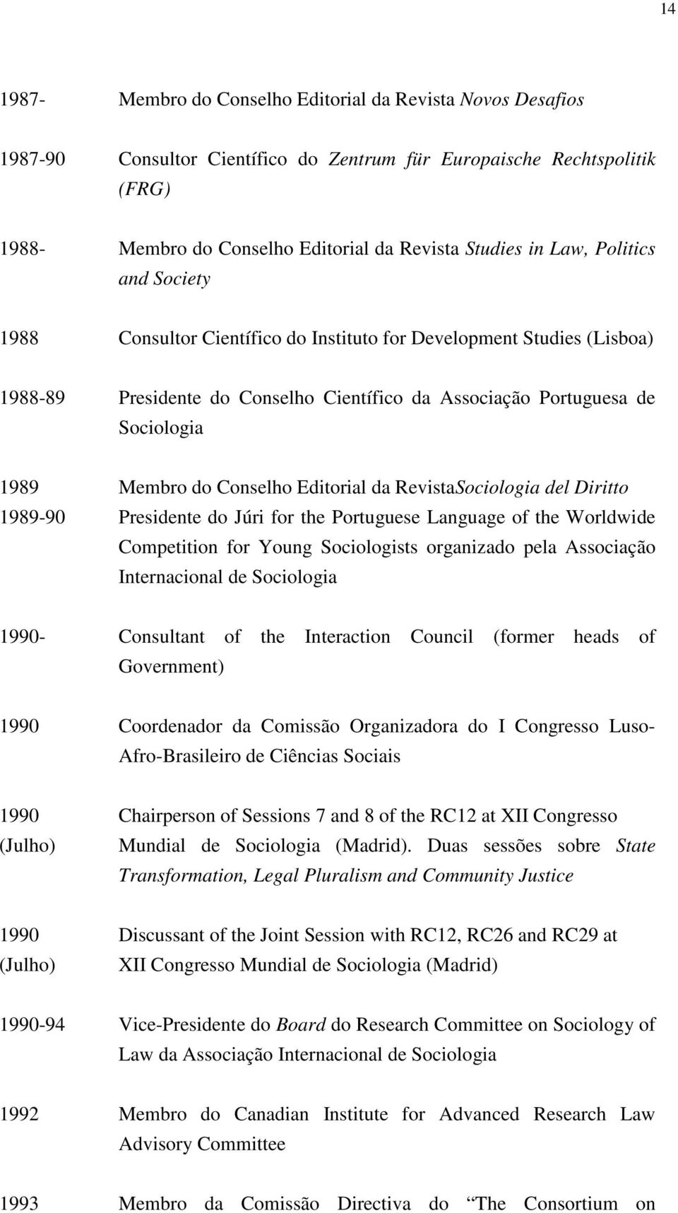 Conselho Editorial da RevistaSociologia del Diritto 1989-90 Presidente do Júri for the Portuguese Language of the Worldwide Competition for Young Sociologists organizado pela Associação Internacional