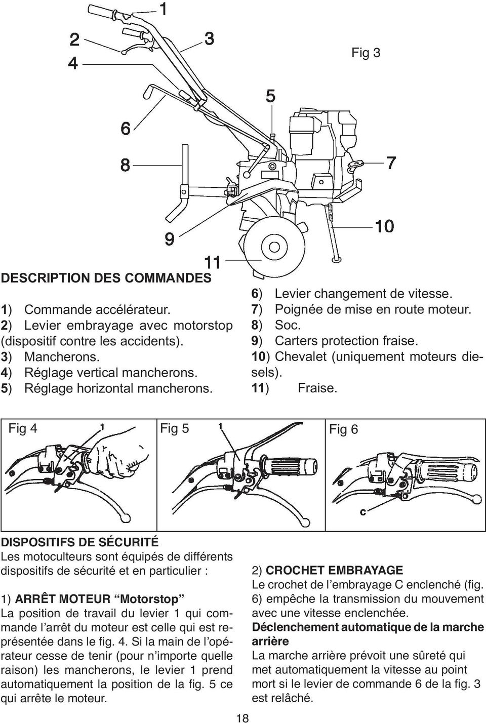 Fig 4 Fig 5 Fig 6 DISPOSITIFS DE SÉCURITÉ Les motoculteurs sont équipés de différents dispositifs de sécurité et en particulier : 1) ARRÊT MOTEUR Motorstop La position de travail du levier 1 qui