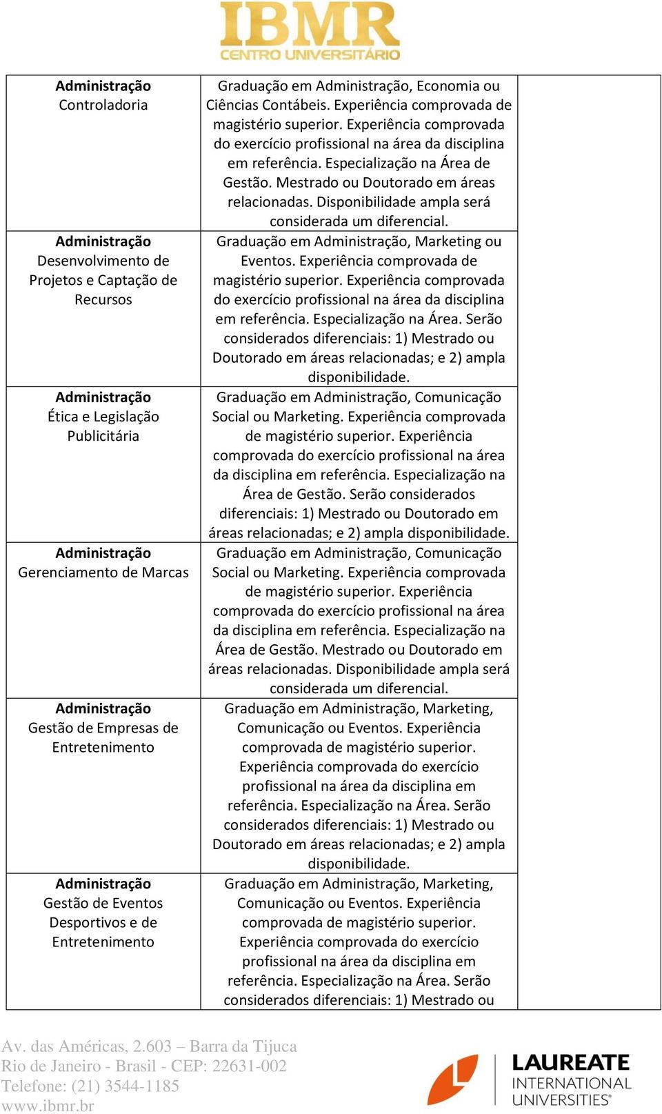 Mestrado ou Doutorado em áreas Graduação em, Marketing ou Eventos. Experiência comprovada de em referência. Especialização na Área.