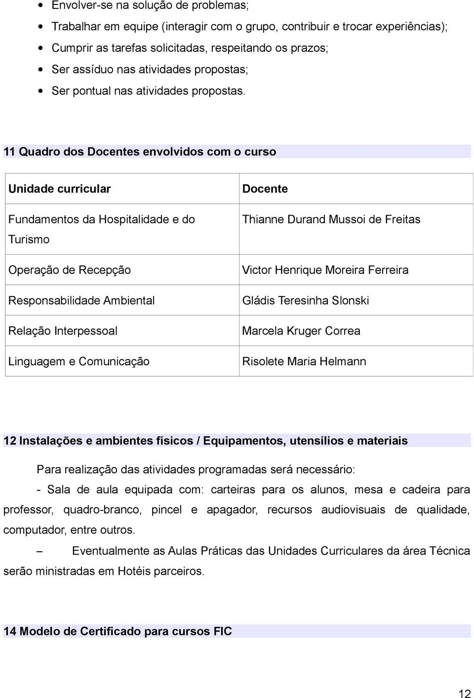 11 Quadro dos Docentes envolvidos com o curso Unidade curricular Fundamentos da Hospitalidade e do Turismo Operação de Recepção Responsabilidade Ambiental Relação Interpessoal Linguagem e Comunicação