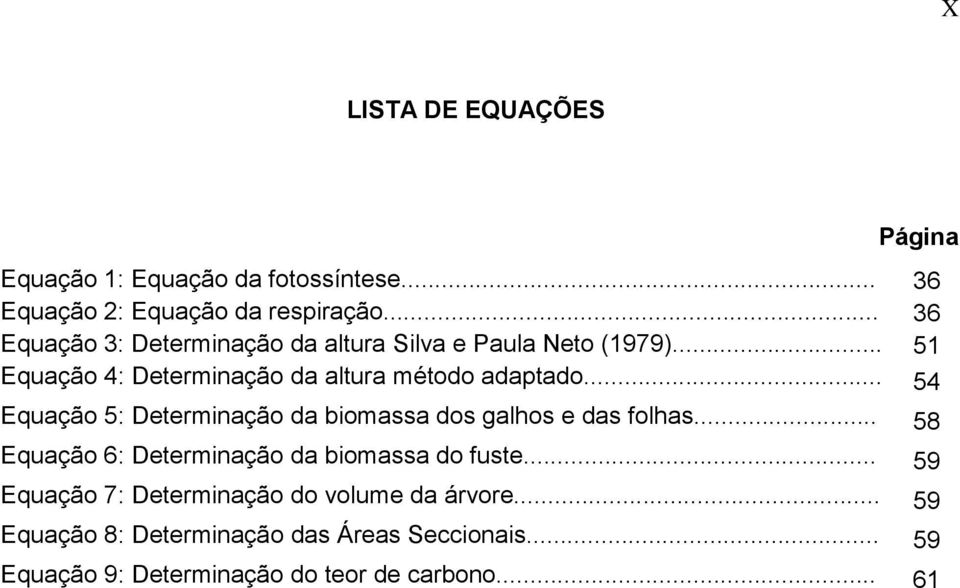 .. 54 Equação 5: Determinação da biomassa dos galhos e das folhas... 58 Equação 6: Determinação da biomassa do fuste.