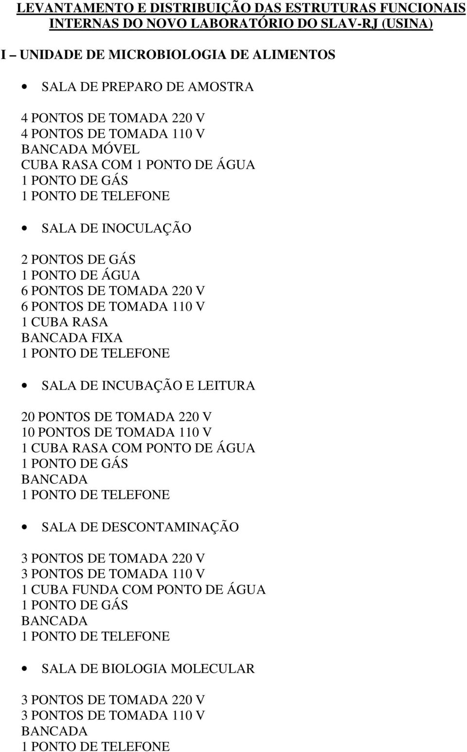 110 V 1 CUBA RASA BANCADA FIXA 1 PONTO DE TELEFONE SALA DE INCUBAÇÃO E LEITURA 20 PONTOS DE TOMADA 220 V 10 PONTOS DE TOMADA 110 V 1 CUBA RASA COM PONTO DE ÁGUA 1 PONTO DE GÁS BANCADA 1 PONTO DE