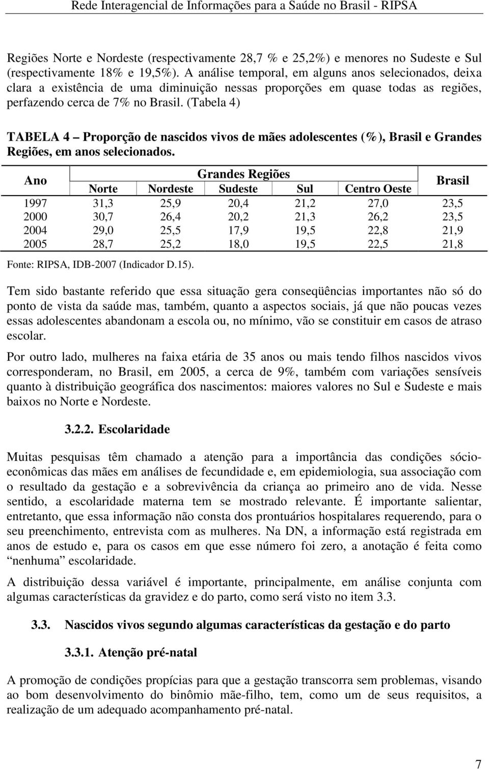 (Tabela 4) TABELA 4 Proporção de nascidos vivos de mães adolescentes (%), Brasil e Grandes Regiões, em anos selecionados.