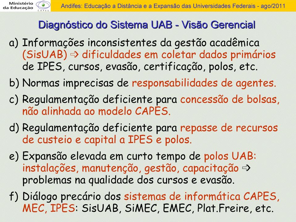 d) Regulamentação deficiente para repasse de recursos de custeio e capital a IPES e polos.