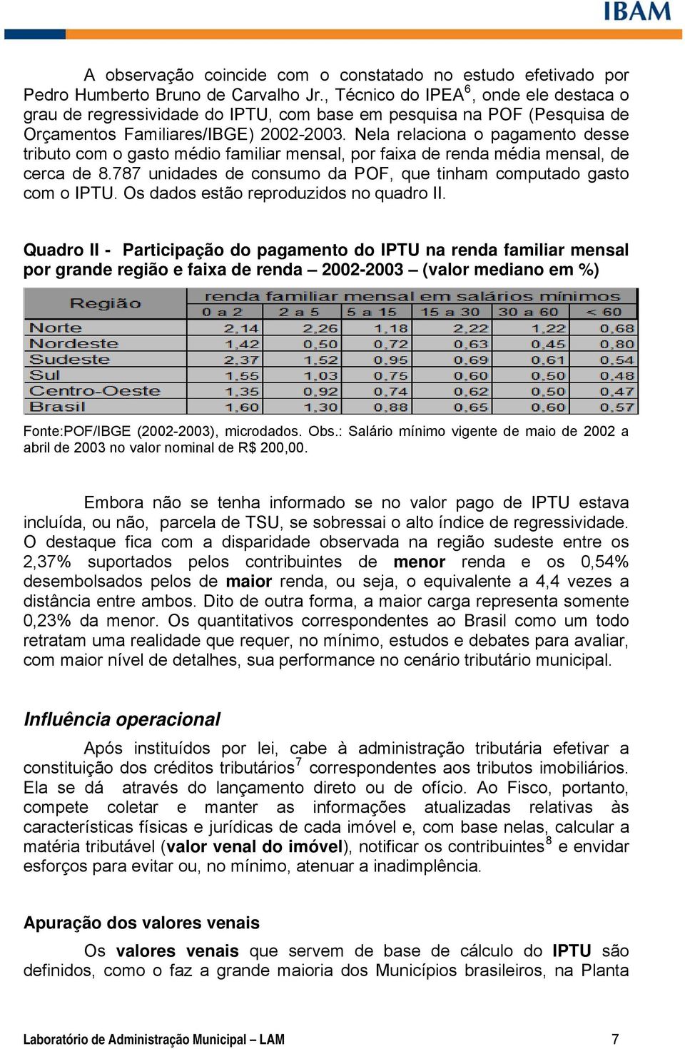 Nela relaciona o pagamento desse tributo com o gasto médio familiar mensal, por faixa de renda média mensal, de cerca de 8.787 unidades de consumo da POF, que tinham computado gasto com o IPTU.