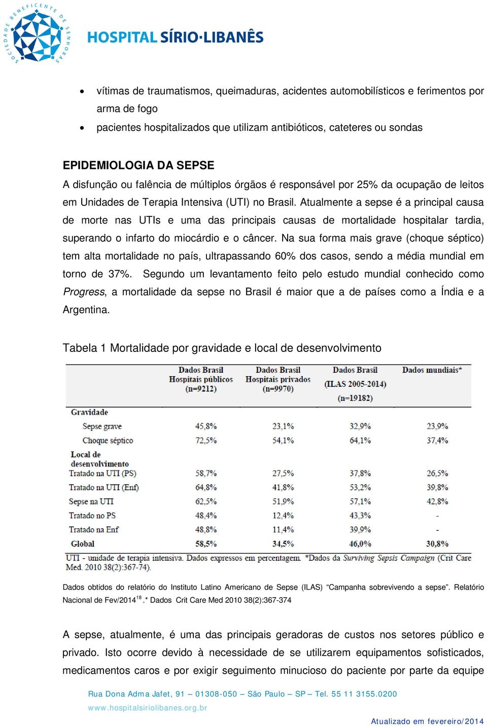 Atualmente a sepse é a principal causa de morte nas UTIs e uma das principais causas de mortalidade hospitalar tardia, superando o infarto do miocárdio e o câncer.