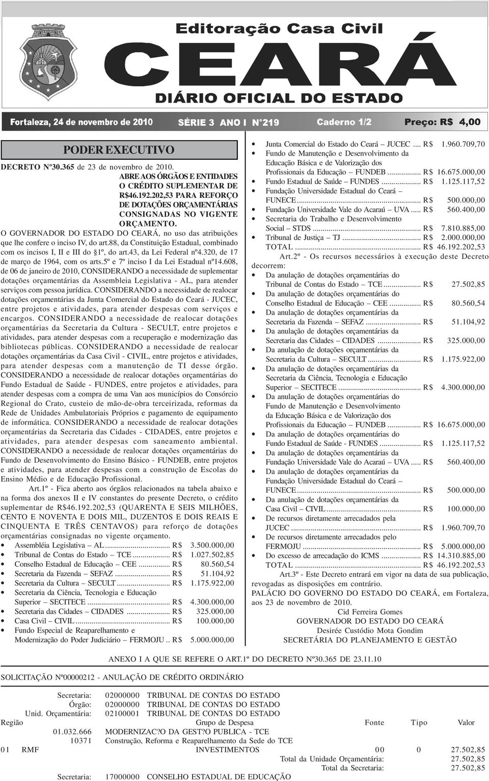 88, da Constituição Estadual, combinado com os incisos I, II e III do 1º, do art.43, da Lei Federal nº4.320, de 17 de março de 1964, com os arts.5º e 7º inciso I da Lei Estadual nº14.