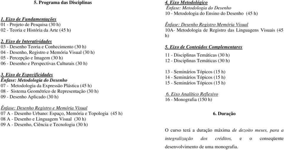 Eixo de Especificidades Ênfase: Metodologia do Desenho 07 - Metodologia da Expressão Plástica (45 h) 08 - Sistema Geométrico de Representação (30 h) 09 - Desenho Aplicado (30 h) Ênfase: Desenho