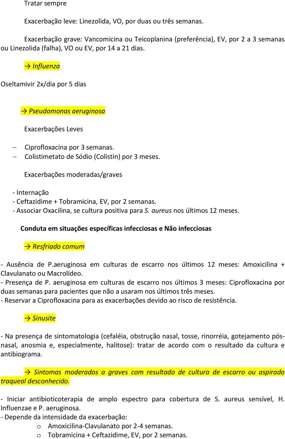 Influenza Oseltamivir 2x/dia por 5 dias Pseudomonas aeruginosa Exacerbações Leves Ciprofloxacina por 3 semanas. Colistimetato de Sódio (Colistin) por 3 meses.