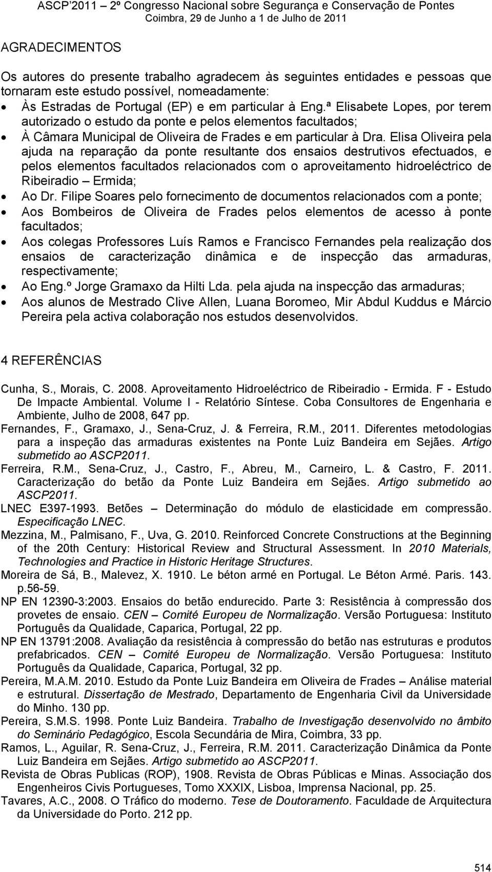 Elisa Oliveira pela ajuda na reparação da ponte resultante dos ensaios destrutivos efectuados, e pelos elementos facultados relacionados com o aproveitamento hidroeléctrico de Ribeiradio Ermida; Ao