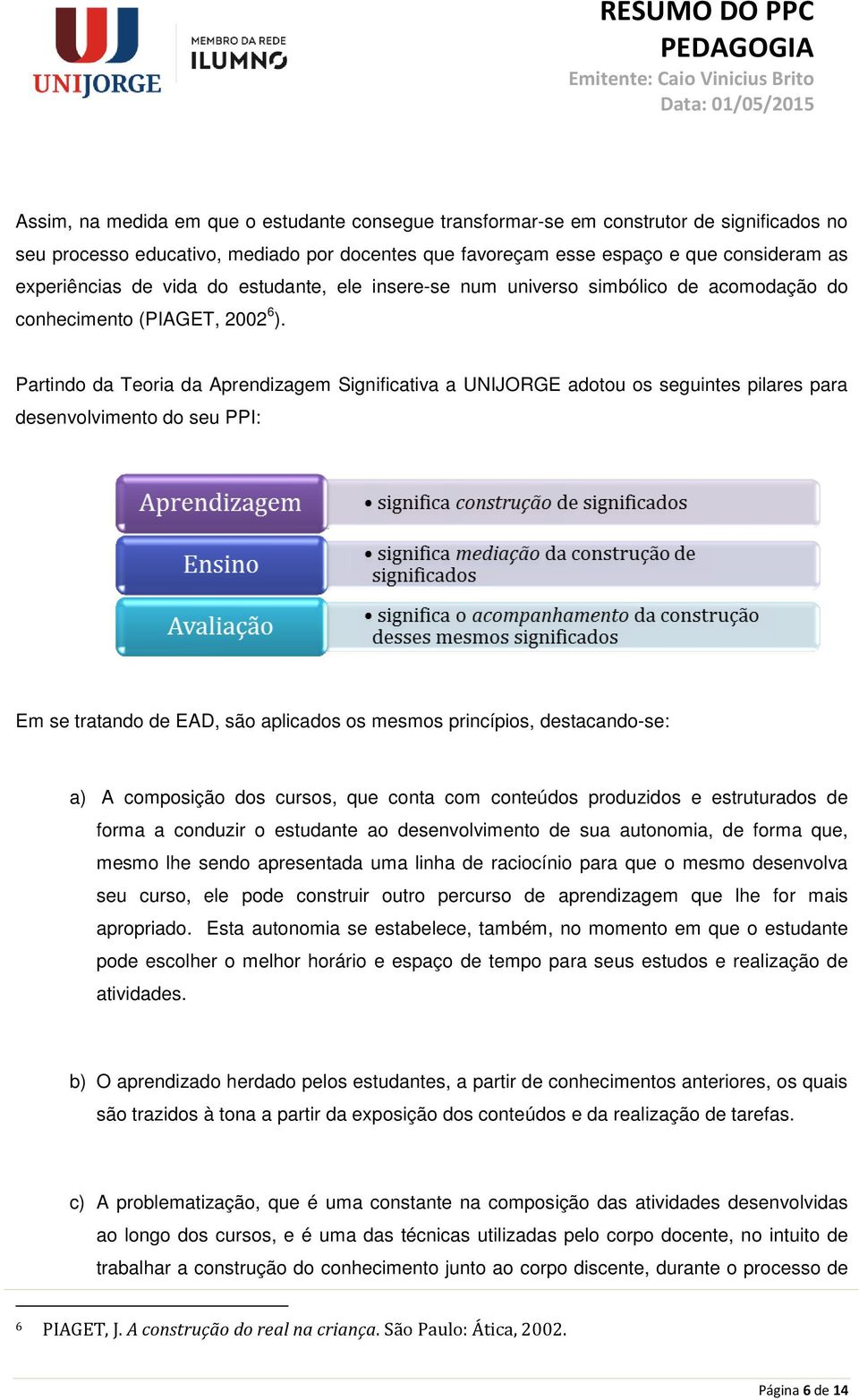 Partindo da Teoria da Aprendizagem Significativa a UNIJORGE adotou os seguintes pilares para desenvolvimento do seu PPI: Em se tratando de EAD, são aplicados os mesmos princípios, destacando-se: a) A