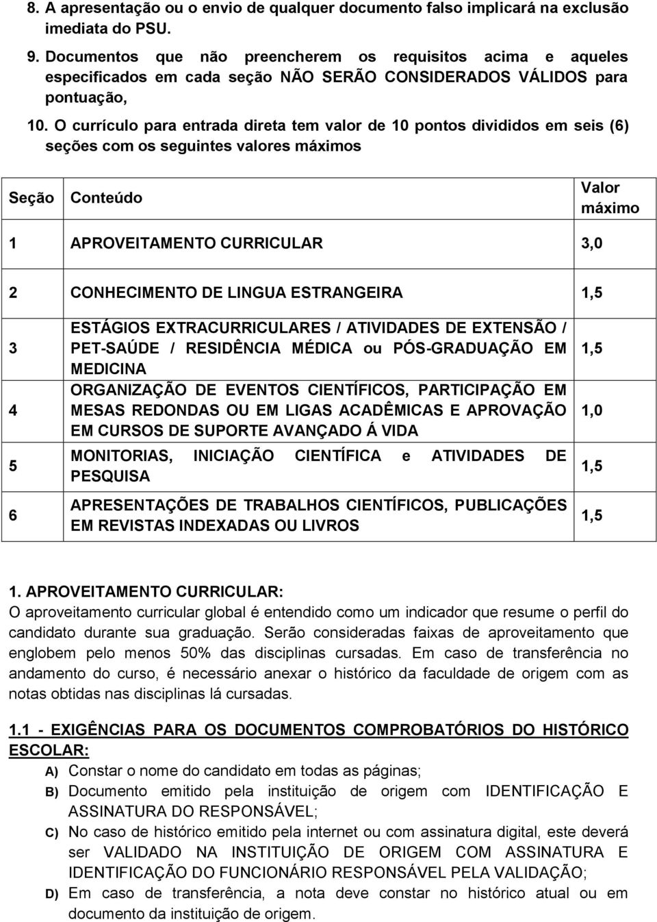 O currículo para entrada direta tem valor de 10 pontos divididos em seis (6) seções com os seguintes valores máximos Seção Conteúdo Valor máximo 1 APROVEITAMENTO CURRICULAR 3,0 2 CONHECIMENTO DE