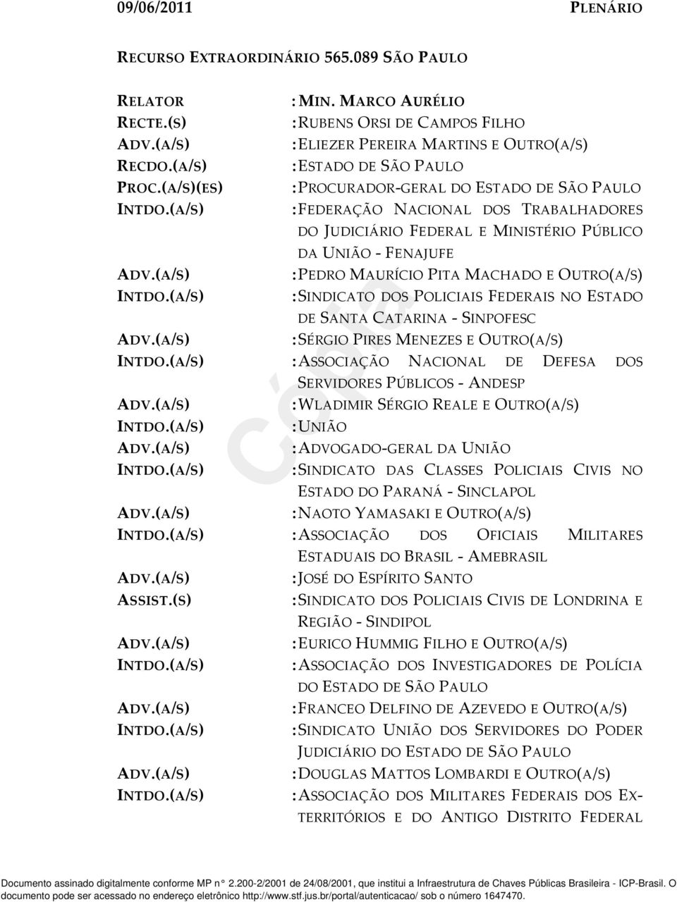 (A/S)(ES) :PROCURADOR-GERAL DO ESTADO DE SÃO PAULO :FEDERAÇÃO NACIONAL DOS TRABALHADORES DO JUDICIÁRIO FEDERAL E MINISTÉRIO PÚBLICO DA UNIÃO - FENAJUFE : PEDRO MAURÍCIO PITA MACHADO E OUTRO(A/S)