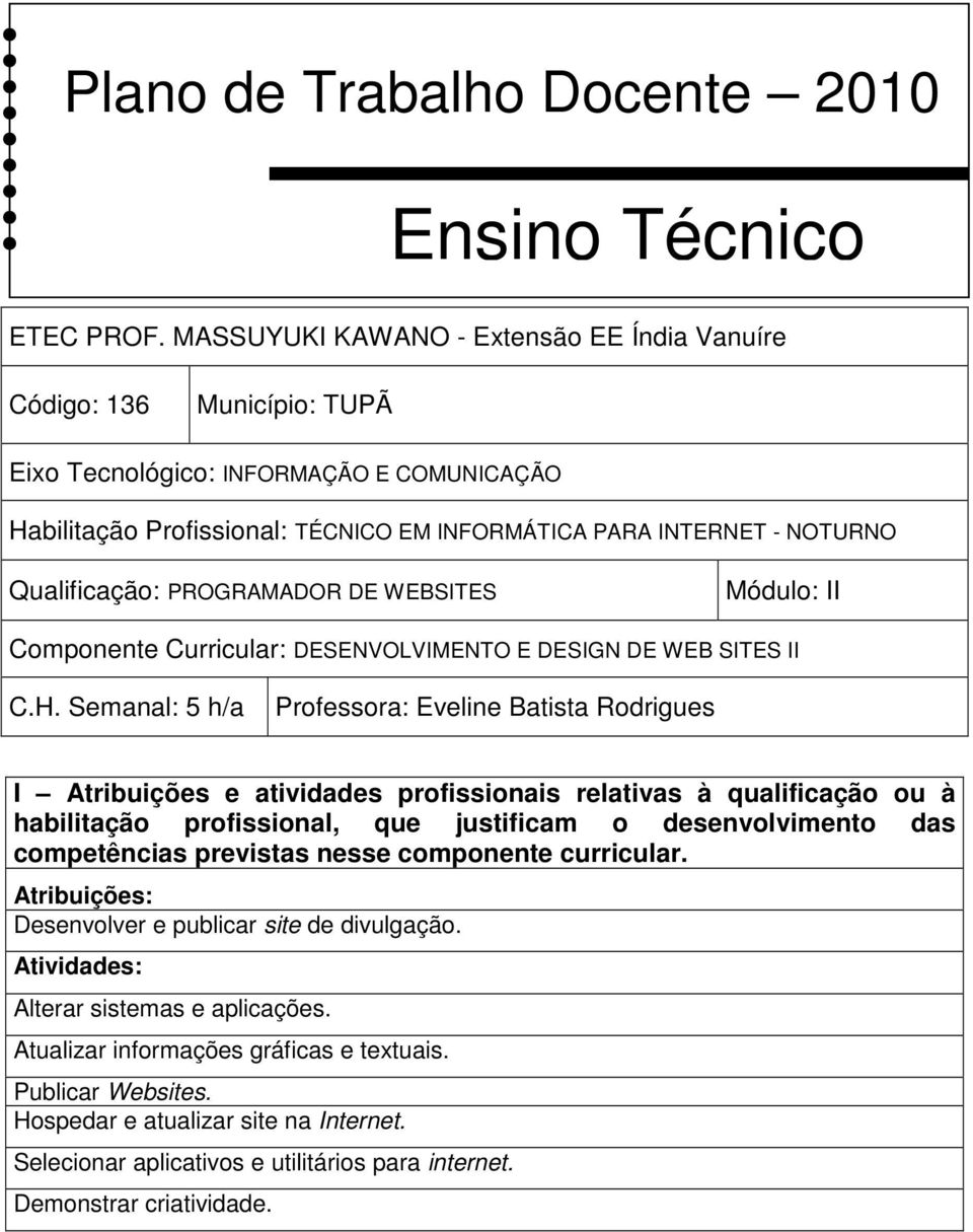 Qualificação: PROGRAMADOR DE WEBSITES Módulo: II Componente Curricular: DESENVOLVIMENTO E DESIGN DE WEB SITES II C.H.