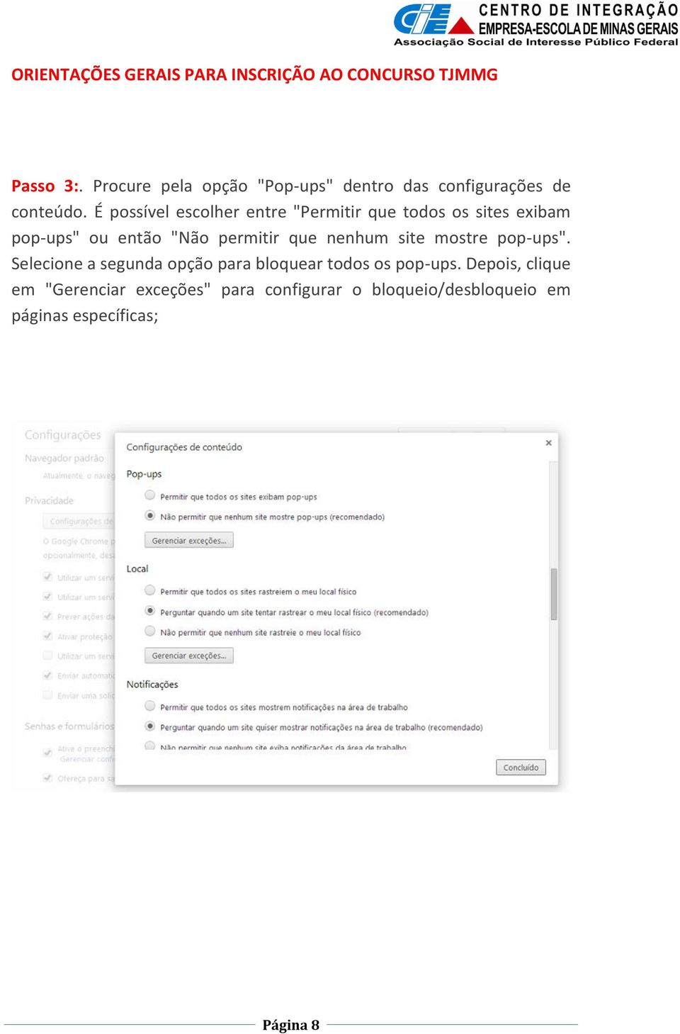 permitir que nenhum site mostre pop-ups".