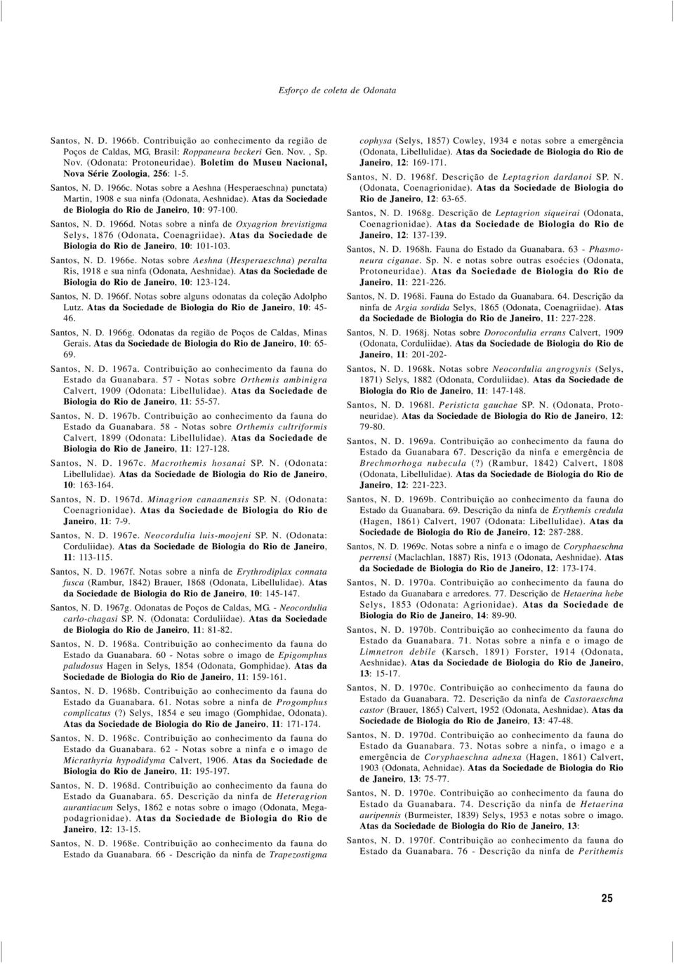 Atas da Sociedade de Biologia do Rio de Janeiro, 10: 97-100. Santos, N. D. 1966d. Notas sobre a ninfa de Oxyagrion brevistigma Selys, 1876 (Odonata, Coenagriidae).
