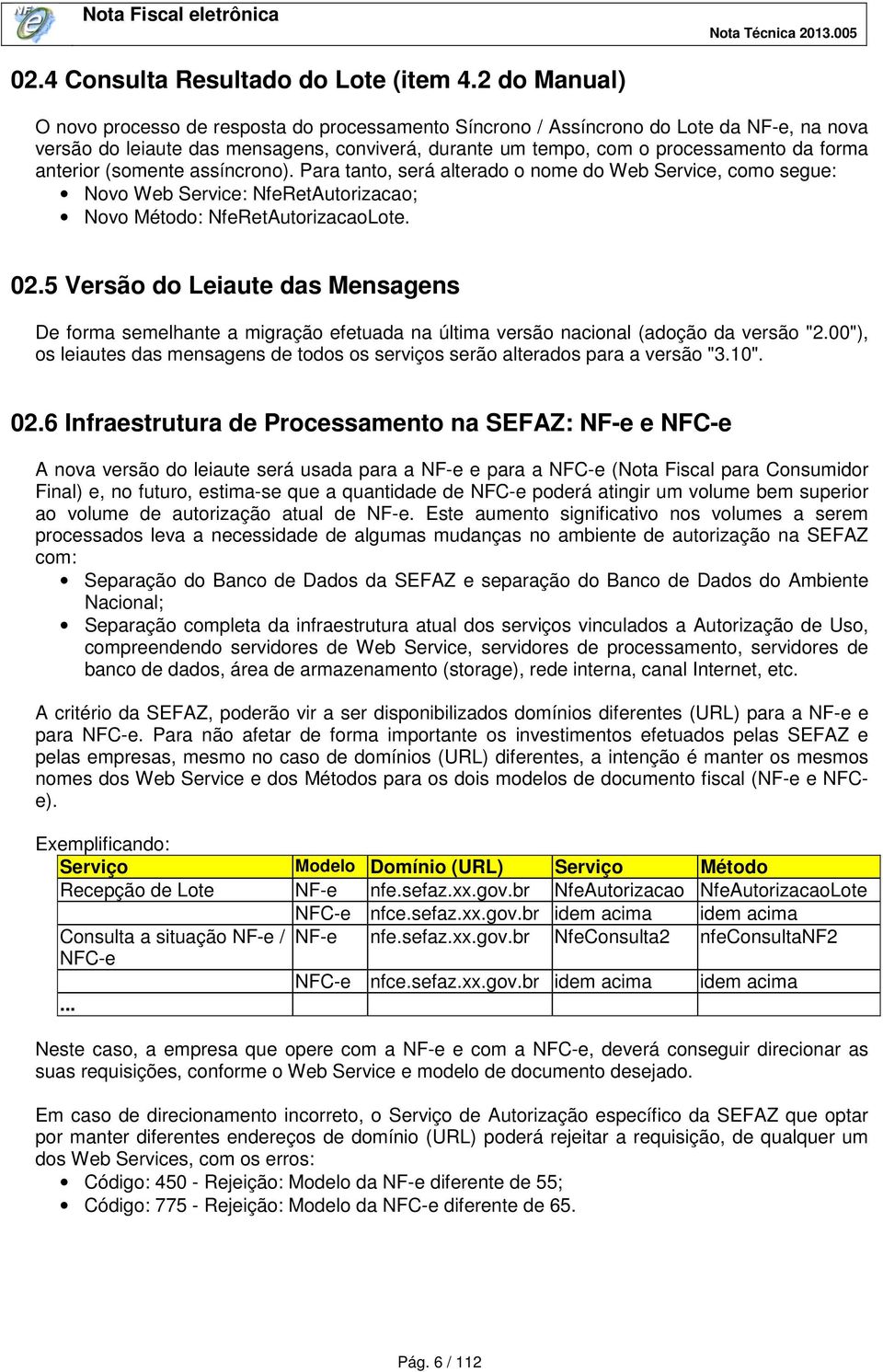 anterior (somente assíncrono). Para tanto, será alterado o nome do Web Service, como segue: Novo Web Service: NfeRetAutorizacao; Novo Método: NfeRetAutorizacaoLote. 02.