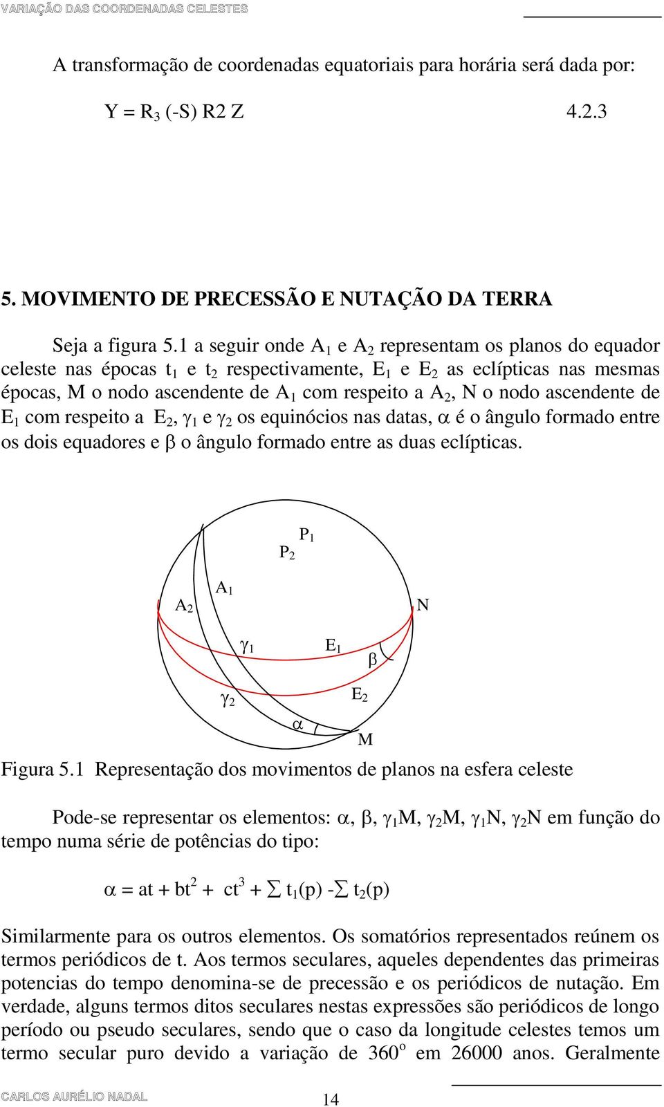 nodo ascendente de E 1 com respeito a E 2, 1 e 2 os equinócios nas datas, é o ângulo formado entre os dois equadores e o ângulo formado entre as duas eclípticas. P 2 P 1 A 2 A 1 N 1 E 1 2 Figura 5.