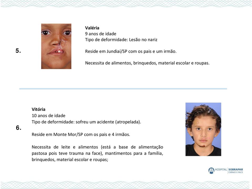 Vitória 10 anos de idade Tipo de deformidade: sofreu um acidente (atropelada).