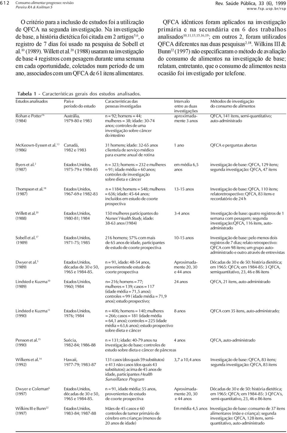 20 (1988) usaram na investigação de base 4 registros com pesagem durante uma semana em cada oportunidade, coletados num período de um ano, associados com um QFCA de 61 itens alimentares.