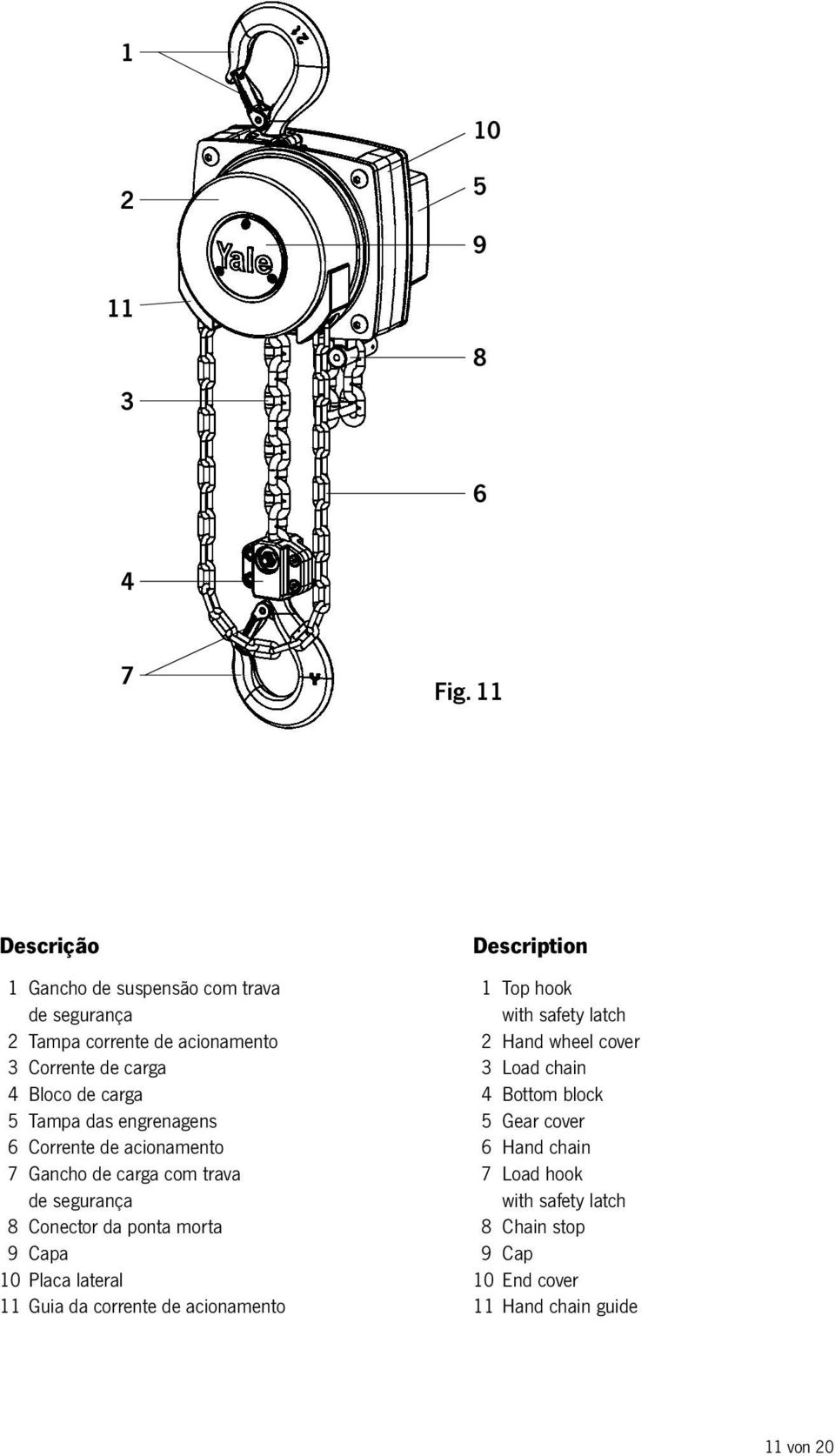 das engrenagens 6 Corrente de acionamento 7 Gancho de carga com trava de segurança 8 Conector da ponta morta 9 Capa 10 Placa lateral
