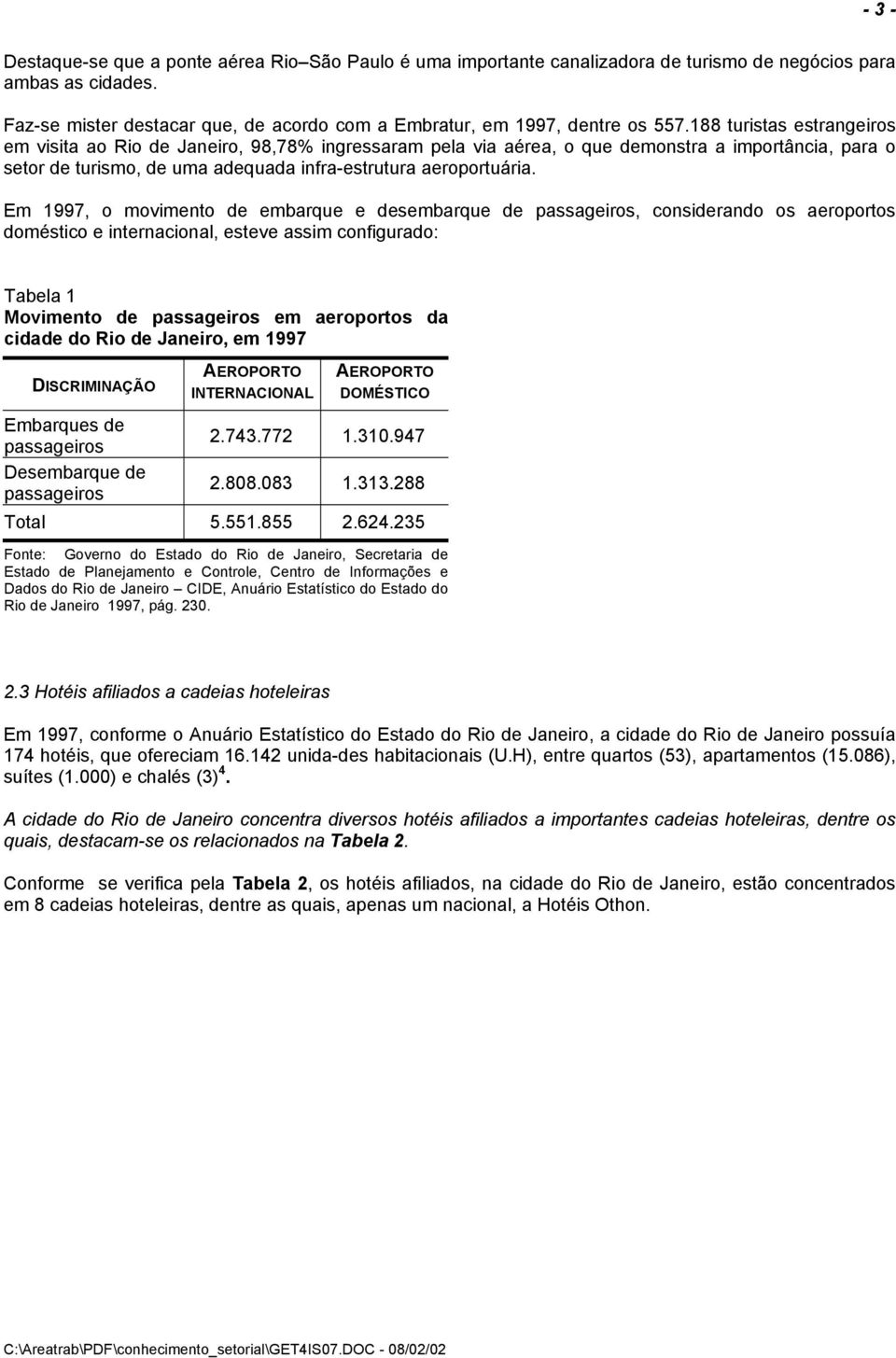 188 turistas estrangeiros em visita ao Rio de Janeiro, 98,78% ingressaram pela via aérea, o que demonstra a importância, para o setor de turismo, de uma adequada infra-estrutura aeroportuária.