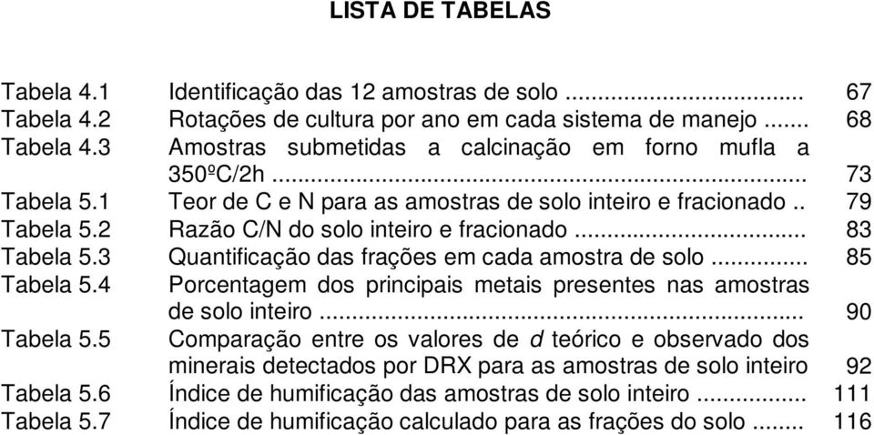 .. 83 Tabela 5.3 Quantificação das frações em cada amostra de solo... 85 Tabela 5.4 Porcentagem dos principais metais presentes nas amostras Tabela 5.5 de solo inteiro.